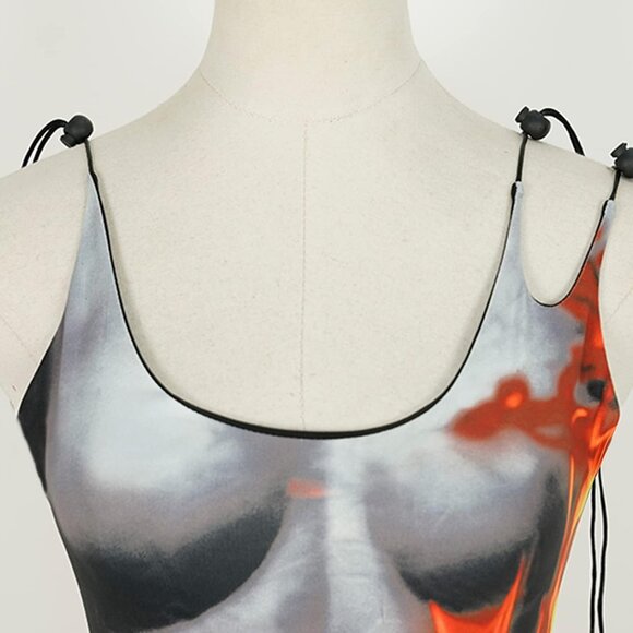 Y2K 3D Body Flame Print Women's Midi Dress Spaghetti Straps Sleeveless - Picture 6 of 8
